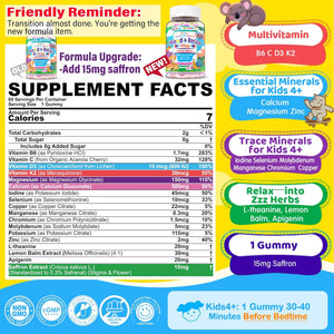 Kids 4+ Magnesium + Saffron Sleep Gummies, Relax Happy Filled Gummy, Bedtime Calcium Zinc, Mineral + Multivitamin Gummies, Melatonin Free | Vitamin D3 K2 | Bone, Only Need 1 Gummy - Sweet Dream Magic