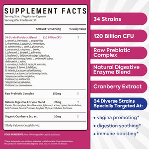 Probiotics for Women, 120 Billion CFU 34 Strains, Prebiotics, Digestive Enzymes, Cranberry, 4-In-1 Feminine Probiotic, Digestive, Vaginal, Immune Support, 30Ct