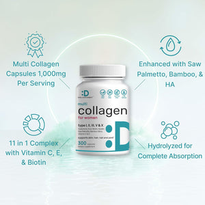 Multi Collagen Pills for Women & Men with Vitamin C, E & Biotin, 300 Capsules – Type I, II, III, V, X Hydrolyzed Collagen Peptides – 11 in 1 Formula with Saw Palmetto, Bamboo Silica, & Hyaluronic Acid