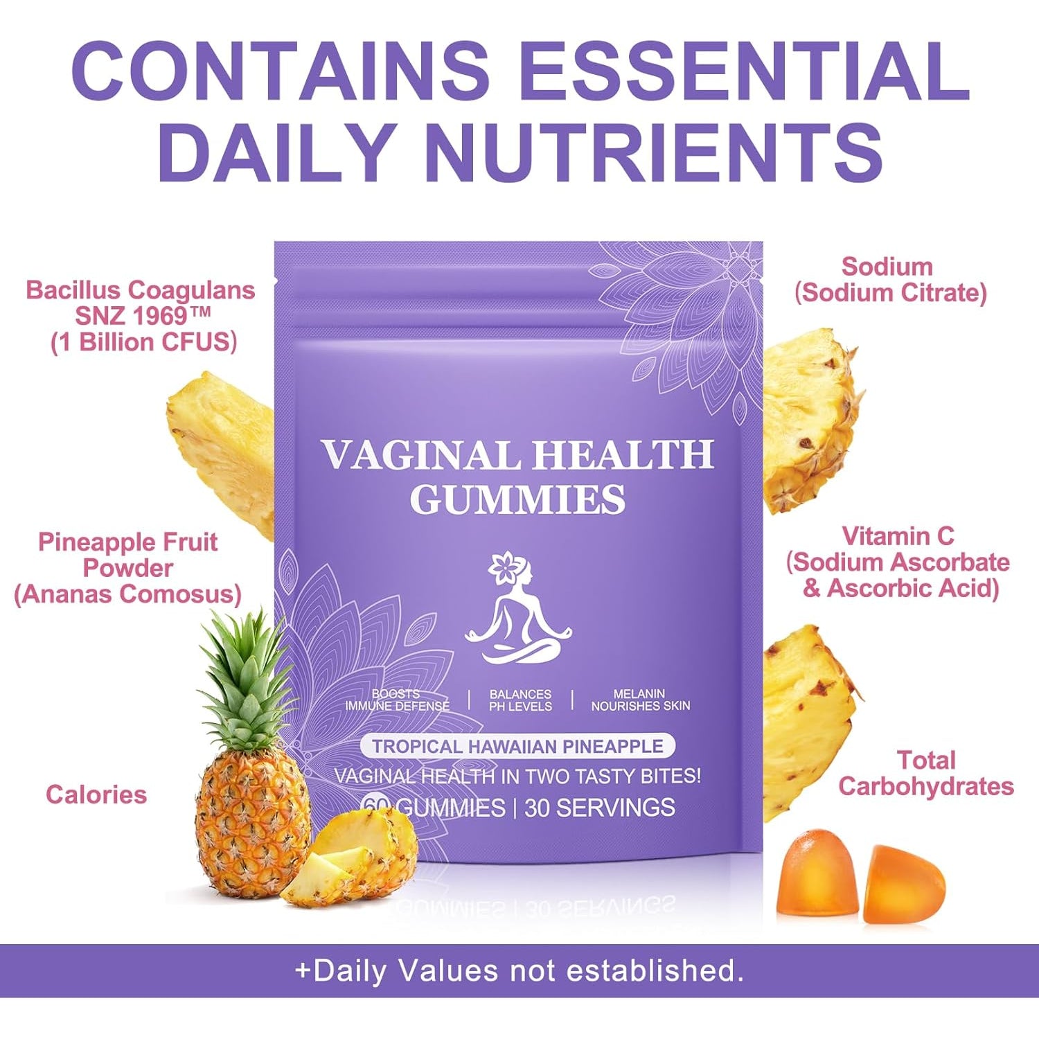 Pineapple Gummies for Women PH 60 Count, PH Balance for Women, Probiotics Vaginal Gummy, Improve Immune, Hawaiian Pineapple Flavor, Vegan & Low Sugar, Premium Balance Gummies