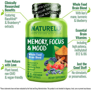 NATURELO Whole Food Brain Supplement - Brain Health Supplements for Memory & Focus Support - Enhance Brain Health Blend Supplement for Adults - 60 Vegetarian Capsules
