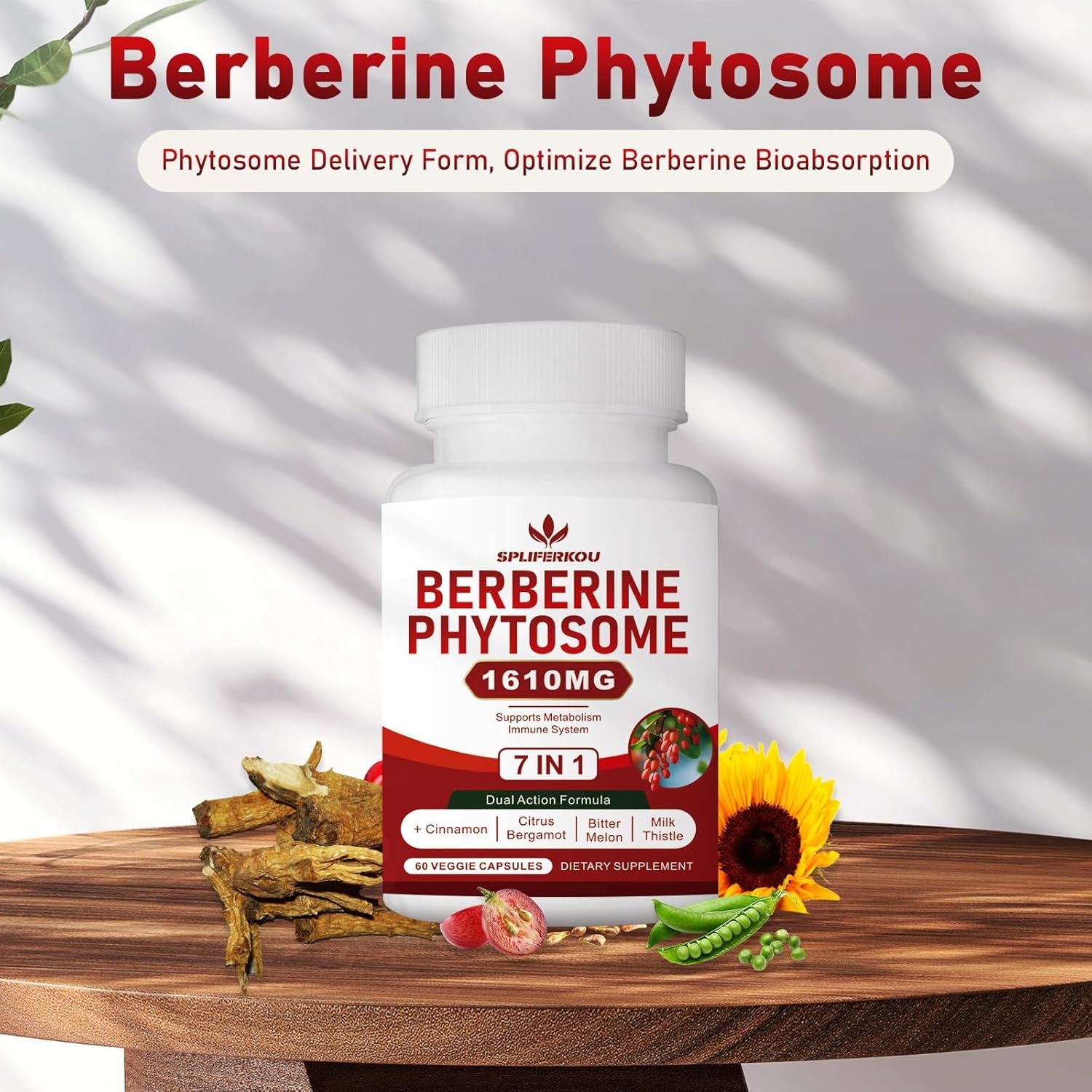 7-In-1 Berberine Phytosome with Ceylon Cinnamon, Berberine Complex Supports Metabolic, Liver Function and Immune System, Non-Gmo - 60 Capsules