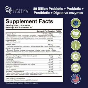 Migcopat Probiotic Prebiotic, Postbiotic & Digestive Enzymes for Digestive Health, 80 Billion CFU Probiotics Complete Gut Support with Berberine, Cinnamon, L-Glutamine, for Men & Women, 120 Capsules