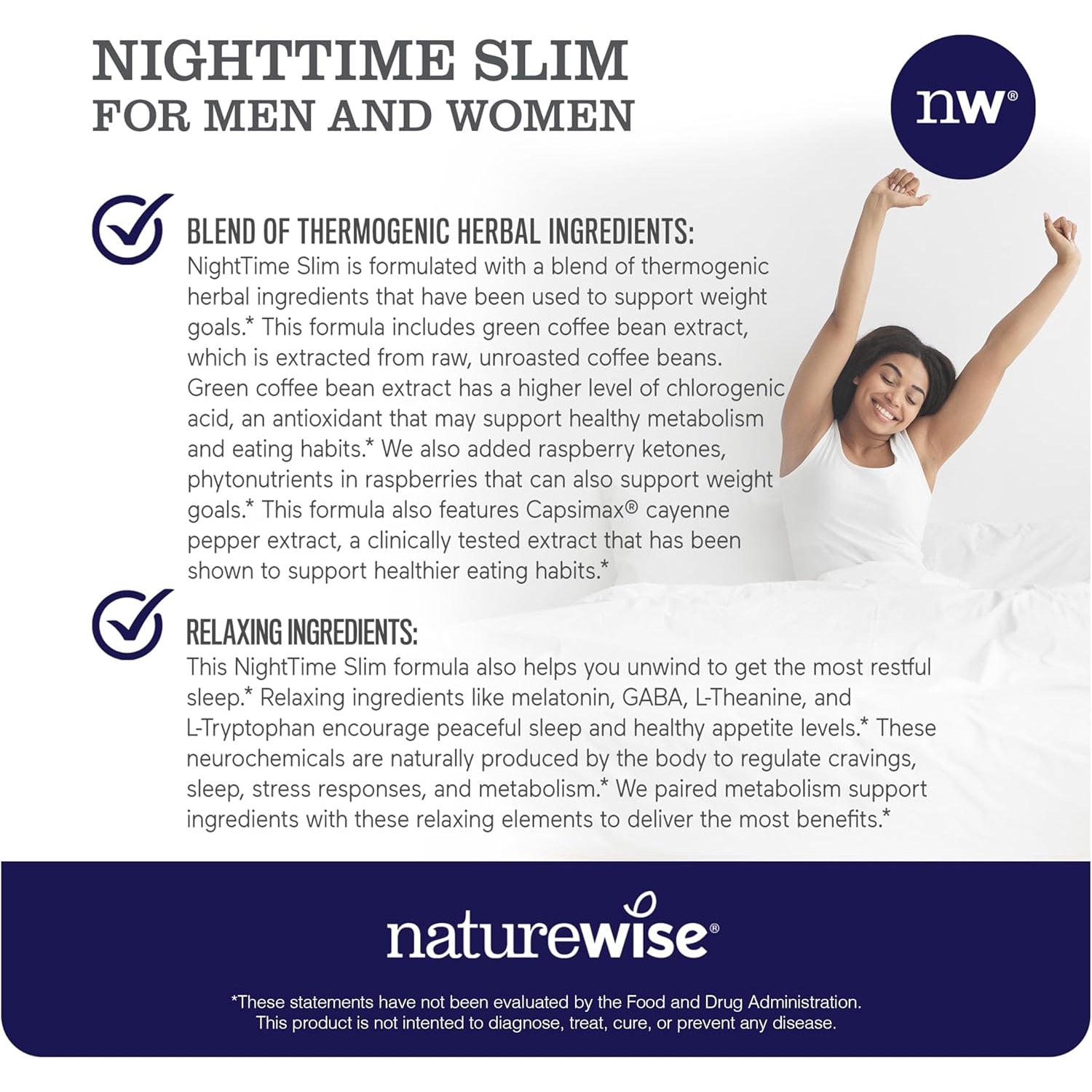 Naturewise Nighttime Fitness Support Supplement & Natural Sleep Aid with Cayenne Extract, Green Coffee Bean, GABA, L-Theanine - Vegetarian, Non-Gmo - 60 Capsules[1-Month Supply]