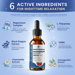 Liquid Magnesium Glycinate Drops for Sleep Support & Nighttime Calm,Magnesium Drops with Chamomile, Ashwagandha, L-Theanine & GABA for Relaxation Support, Gentle Absorption, Strawberry Flavor, 2 Fl Oz