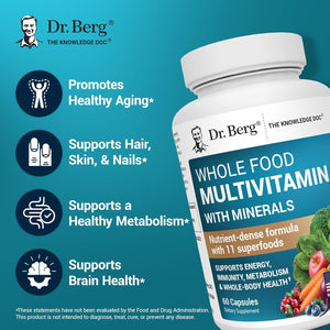 Dr. Berg Whole Food Multivitamin with Minerals - Daily Multivitamin for Men and Women - Includes Premium Whole Food Fruits and Vegetable Blend with Folate, Alpha-Lipoic Acid and More - 60 Capsules