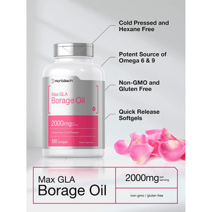 Horbäach Borage Oil Capsules 2000 Mg | 120 Softgels | 320Mg of GLA | Cold Pressed Seed Oil Supplement