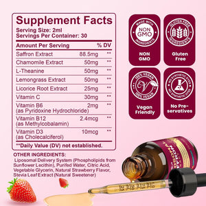 2 Pack Liposomal Saffron Supplements - 88.5Mg Saffron Extract Liquid Drops with L-Theanine, Chamomile, Vitamin C, B6, B12 & D3 for Antioxidant, Immune, Mood, Energy, Focus & Sleep - Strawberry Flavor