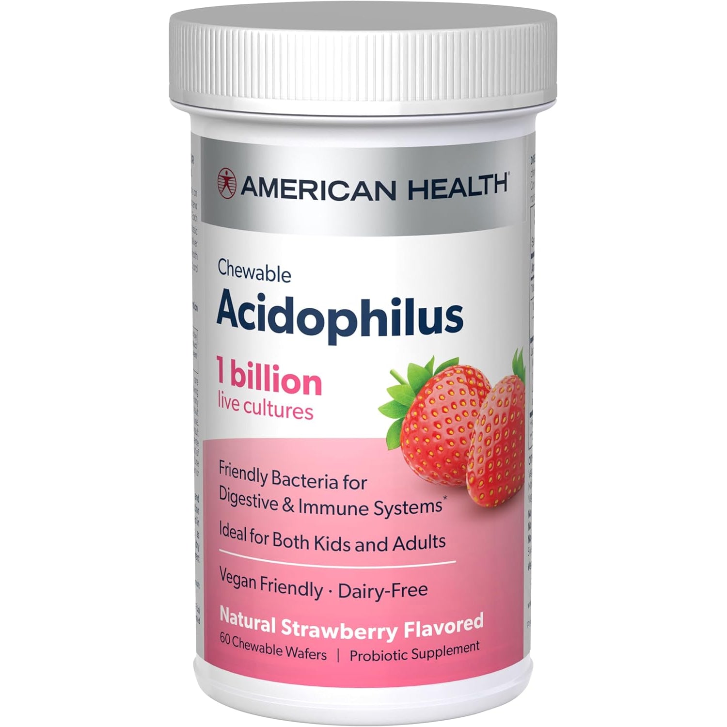 American Health Daily Chewable Tablet Acidophilus, 1 Billion Live Cultures, Beneficial Bacteria for the Digestive & Immune Systems, Strawberry, 60 Count
