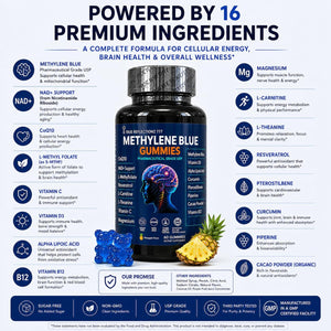Methylene Blue Gummies 12Mg Cognitive Support W/Added Vitamin C, NAD,L Methylfolate, Methylcobalamin B12, Mitochondrial Support, Brain Health & Focus, Clarity, Methylated Vitamins