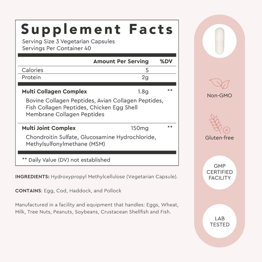 Alaya Naturals Hydrolyzed Multi Collagen Peptides Protein Capsules - Type I, II, III, V, X Grass-Fed Bovine, Chicken, Marine Collagen Supplement with MSM + GC (Capsules - 120 Count)