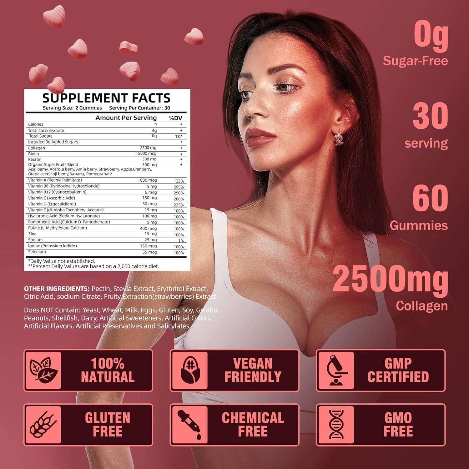 VIFSSG Collagen Peptide Gummies for Women,60 Gummies Sugar-Free Hydrolyzed, Extra Strength 2500Mg Protein Type I,II,III,V,X with 15000Mcg Biotin and Vitamin a B6 B12 C D E for Hair Skin Nail
