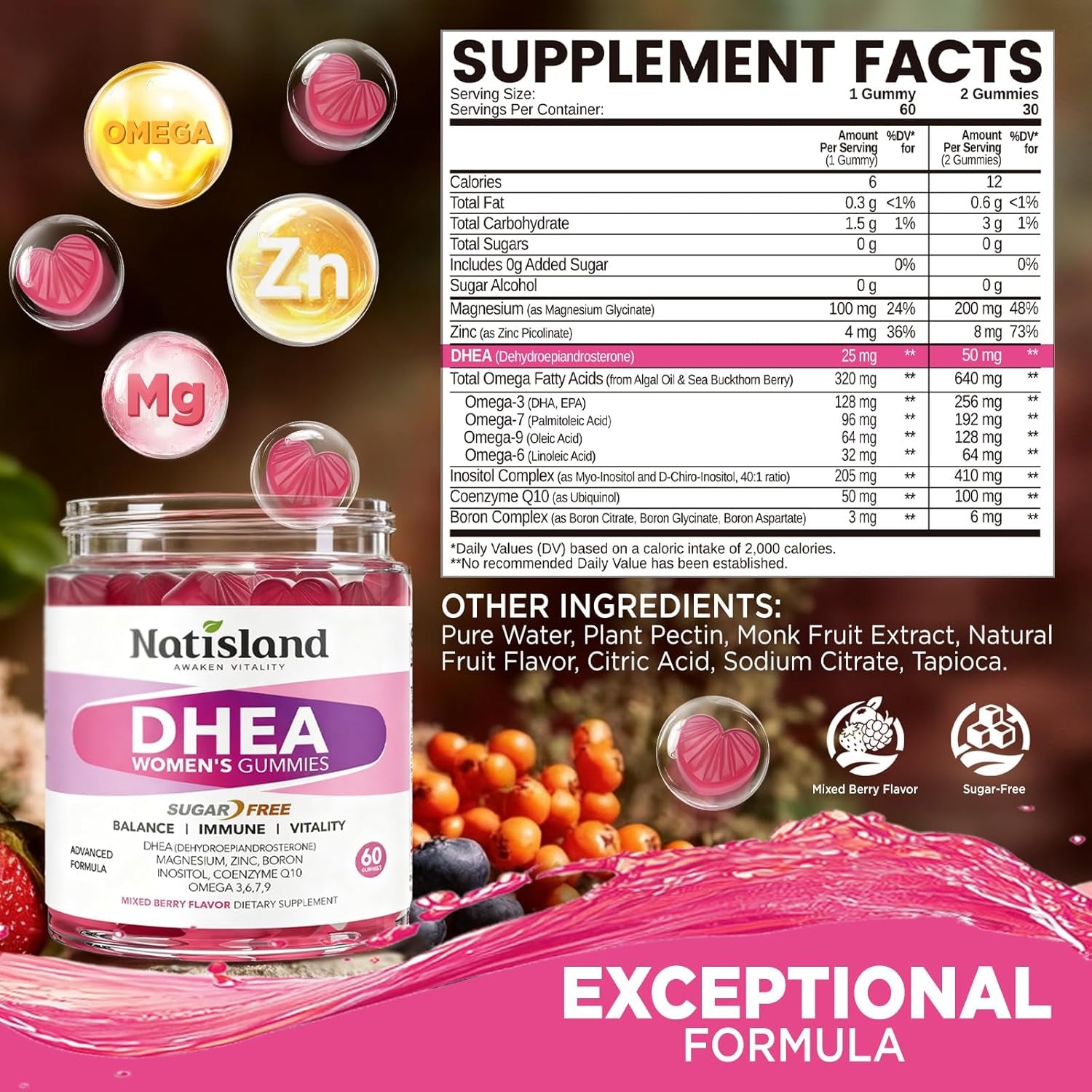 DHEA Supplement for Women, DHEA 50Mg with Omega-3, Magnesium & Antioxidant Blend, Supports Hormone Balance, Healthy Aging, Immunity & Energy, DHEA 25 Mg per Gummy, Non-Gmo, Sugar Free, 60Ct