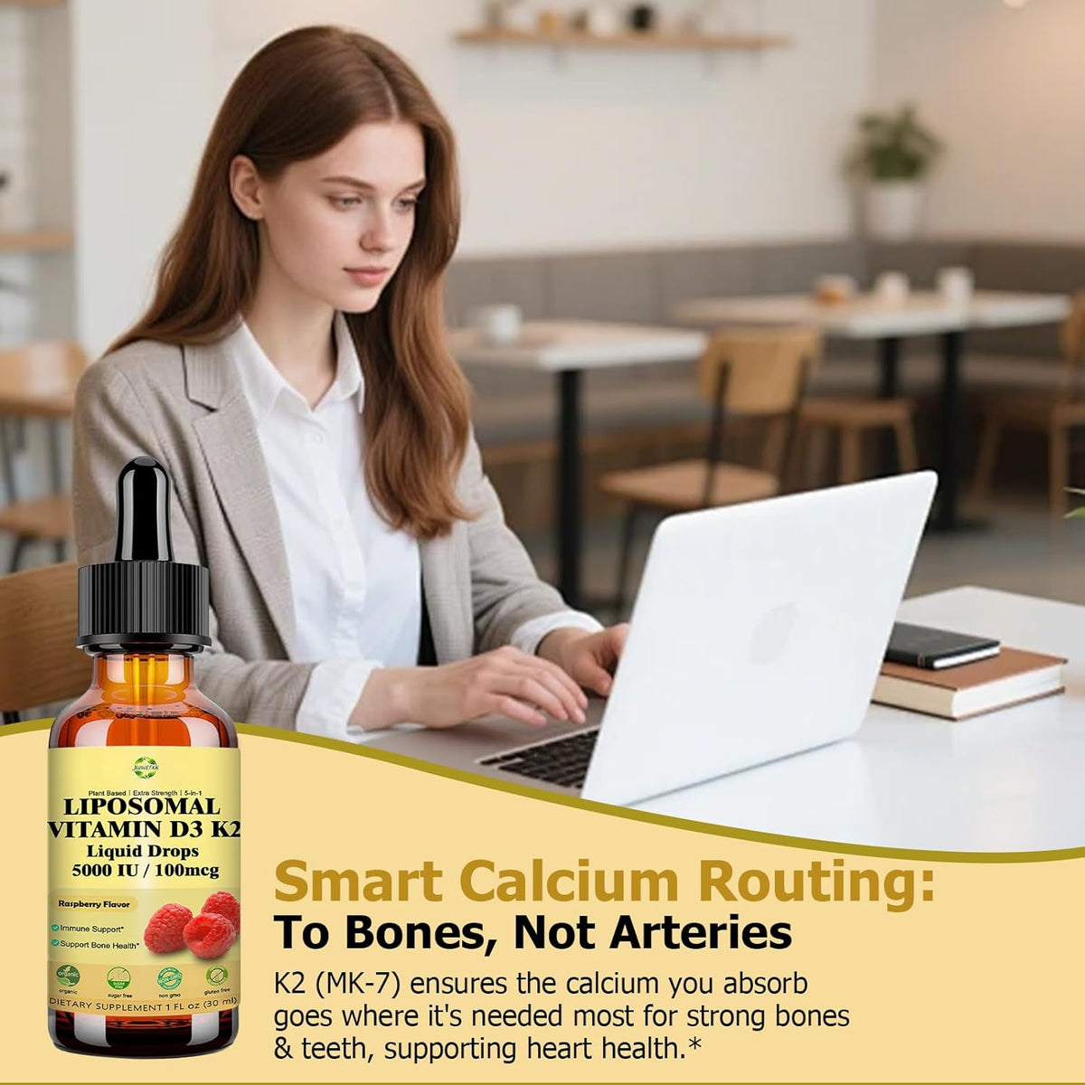 Liquid Vitamin D3 K2 Drops with Calcium Magnesium Omega3, High Potency 5-In-1 D3 K2 Vitamin 5000 IU Supplement for Bone Health, Heart Teeth & Immue, Ultra High Absorption Liposomal D3K2 Plant-Based