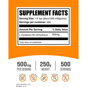 Bulksupplements.Com L-Cysteine Hcl Powder - NAC Supplement, Amino Acid Supplement - Gluten Free, 500Mg per Serving, 250G (8.8 Oz) (Pack of 1)