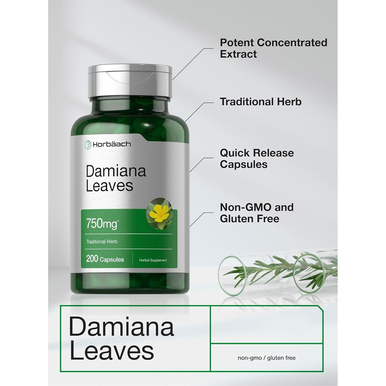 Horbäach Damiana Leaf Extract | 200 Capsules | Herbal Supplement | Non-Gmo, Gluten Free Formula