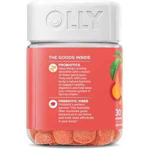 Olly, Probiotic + Prebiotic Gummy, 500 Million Cfus, Fos, Adult Chewable Supplement for Men and Women, Peach Flavored, 30 Day Supply, 30 Count