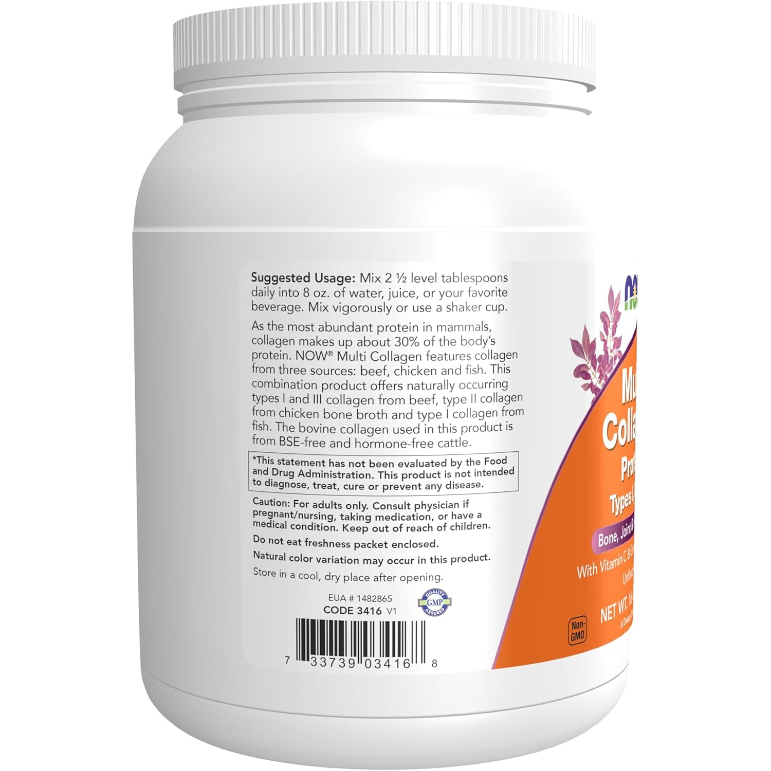 Now Foods Supplements, Multi Collagen Protein Types I, II & III Powder, Bone, Joint, and Skin Health, 16 Oz (454 G)
