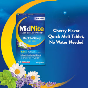 Midnite Back to Sleep Low Dose, 1.5 Mg Melatonin Sleep Aid, Non-Habit Forming, Herbal Dietary Supplement for Adults, Drug-Free, Gluten-Free & Lactose-Free, Vegetarian, Vegan, 30 Quick Melt Tablets