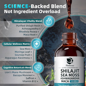 Shilajit Liquid Drops, 12-In-1 Complex - Sea Moss, Ashwagandha, Maca, Fulvic Acid, Trace Minerals, Liquid Vitamins Supplement for Men and Women, Energy, Antioxidant, Immune Support, 60ML/2 FL Oz