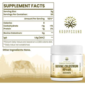 Kroppssund Bovine Colostrum Powder Supplement 3000 Mg - Extra High 60% Igg Bovine Colostrum - Gut, Bone, Exercise, Immune - 50 Servings (1 Bottle)