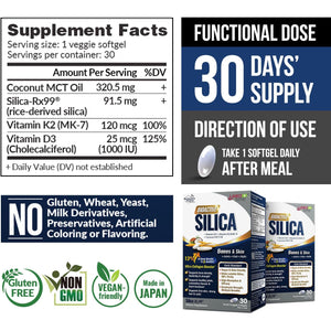 LABO Nutrition Bioactive Silica | Vegan Support for Strong Joint, Bones & Healthy Collagen Production, Glowing Skin, Strong Hair & Nails | 99% Purity Rice-Derived Silica Supplement, 30 Vegan Softgel