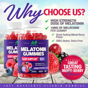Melatonin 10Mg Gummies with 10Mg of Melatonin per Gummy (60 Servings) - Maximum Strength Sleep Support for Adults - Gluten-Free, Non-Gmo, Vegetarian, Great Tasting Mixed Berry Flavor - 60 Servings