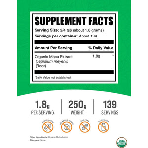 Bulksupplements.Com Organic Maca Root Extract Powder - Organic Maca Powder, Nutritional Supplement - Vegan & Gluten Free, 1.8G of per Serving, 250G (8.8 Oz) (Pack of 1)