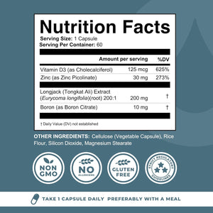 Boron Supplement for Men with Tongkat Ali - Vitamin D3, Zinc Picolinate 30Mg, Longjack Tongkat Ali for Men - Boron Citrate 10Mg for Men’S Health - Non GMO, Gluten Free, No Allergens - 60 Count