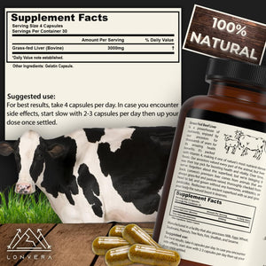 Lonvera Grass Fed Beef Liver Capsules for Women and Men – 3000Mg Freeze Dried Desiccated Organs – Nutrient Source for Joints, Bones, Hair, Skin, Nails & Daily Energy – 120 Pasture-Raised Capsules
