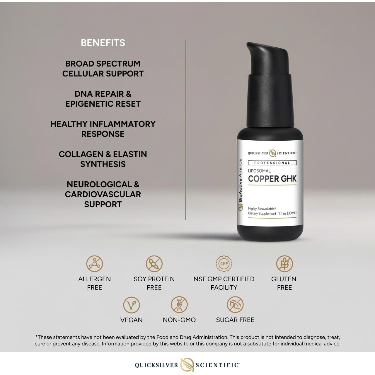 Quicksilver Scientific Oral Liposomal Copper GHK - Oral Liposomal Supplement for Collagen Support - Vegan, Gluten-Free, Sugar-Free & Non-Gmo - 1 Fl Oz (30 Servings)