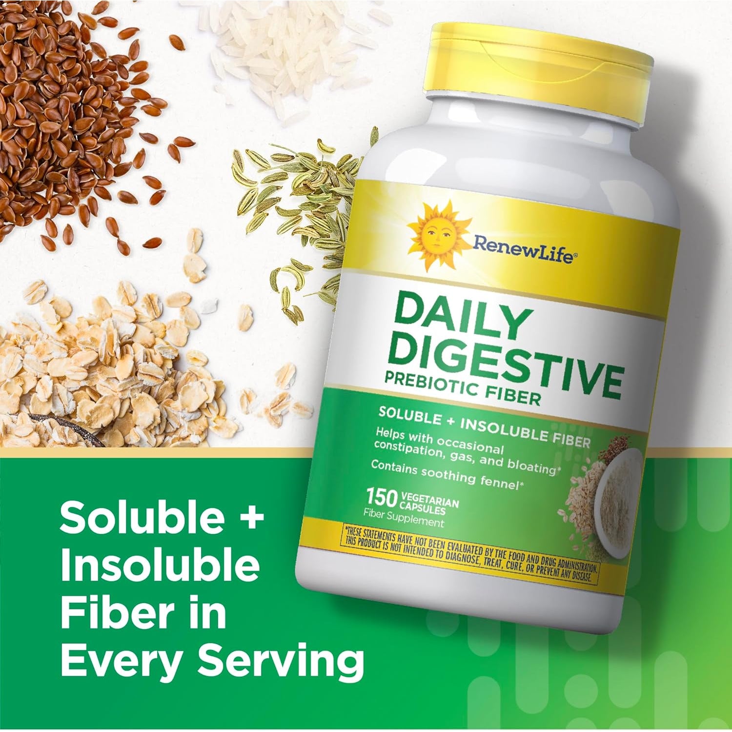 Renew Life Adult Daily Digestive Prebiotic Fiber, 150 Vegetarian Capsules (Package May Vary)
