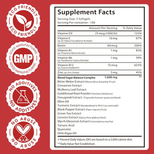 300 Softgels Blood Sugar Complex Supplement | 20+ Active Herbs-Berberine, Ceylon Cinnamon, Bitter Melon, Mulberry Leaf, Fenugreek, Vitamins for Energy Level, Vitality Support | Clean Formula