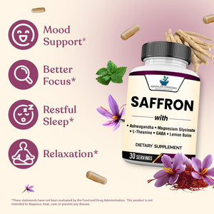 American Standard Supplements Saffron Extract 100Mg per Serving with Magnesium Glycinate, Ashwagandha, L-Theanine, GABA, Lemon Balm, Vegan, Non-Gmo, 60 Capsules