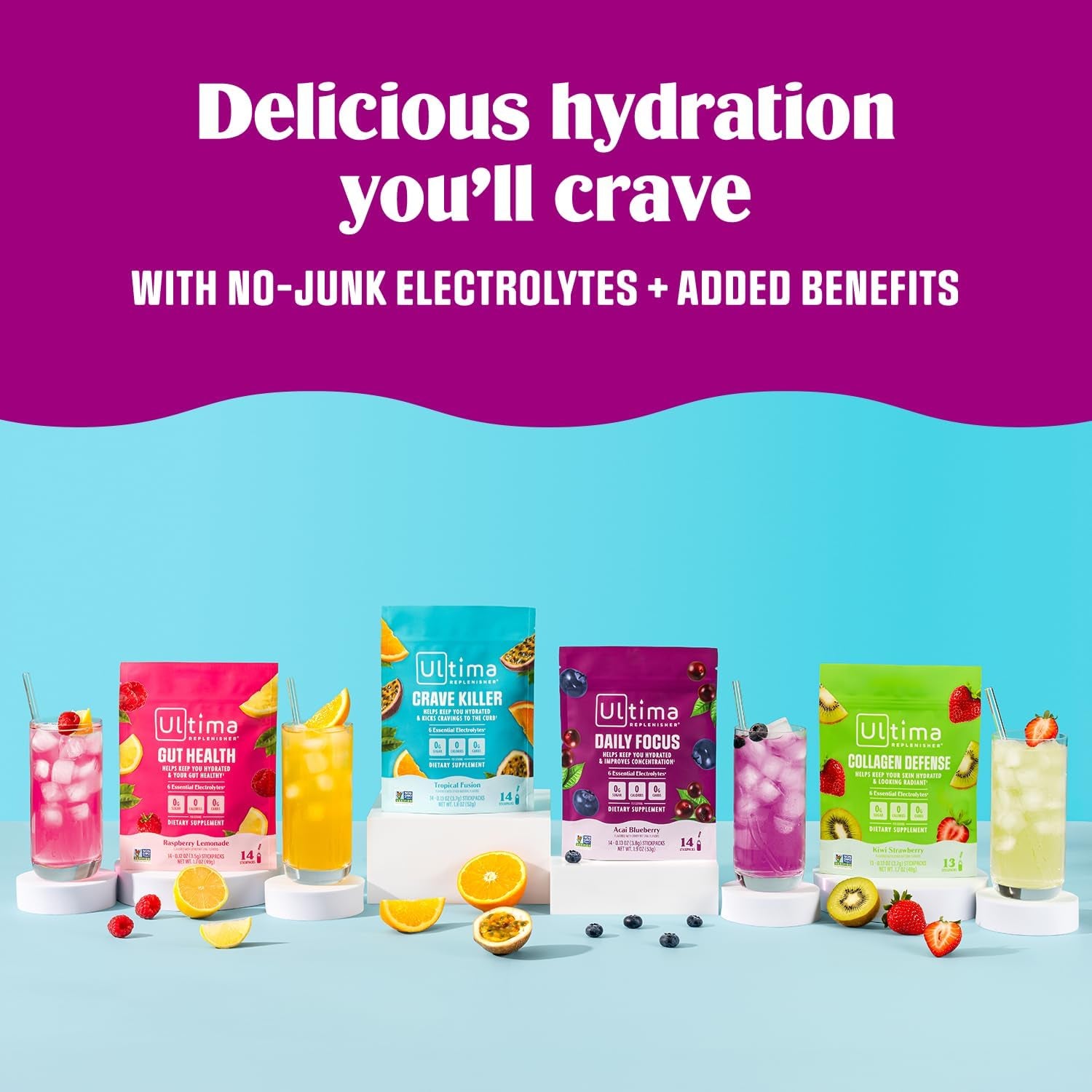 Ultima Replenisher Collagen Defense Supplement and Electrolytes Powder - Kiwi Strawberry, 13 Stickpacks - Hydration Packets with Dermaval and Biotin That Keep Your Skin Hydrated and Looking Radiant