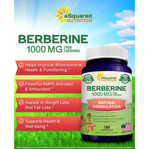 Asquared Nutrition Pure Berberine 1000Mg Supplement - 180 Veggie Capsules, Natural Berberine Hydrochloride HCL Plus, Max Strength 1000 Mg (2X 500Mg), Potent Berberine Vegan Extract