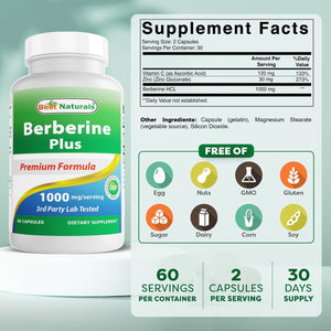 Best Naturals Berberine plus 1000Mg per Serving, (Non-Gmo) 60 Capsules - Contains Berberine HCL 1000Mg, Vitamin C 120Mg & Zinc Gluconate 30 Mg