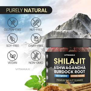 Pure Shilajit Gummies, Sea Moss, Ashwagandha, 105+ Trace Minerals – Organic Burdock Root & Lions Mane Mushroom – Watermelon Flavor - Vegan & Non-Gmo – Made in USA – 60Ct