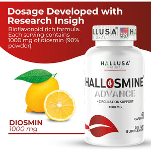 Hallosmine Advance 1000Mg Diosmin Capsules – Max Strength Circulation & Vein Support Supplement, Vascular Health, Visible Veins, Spider Veins, Blood Flow, Swelling & Heavy Legs, 60 Count
