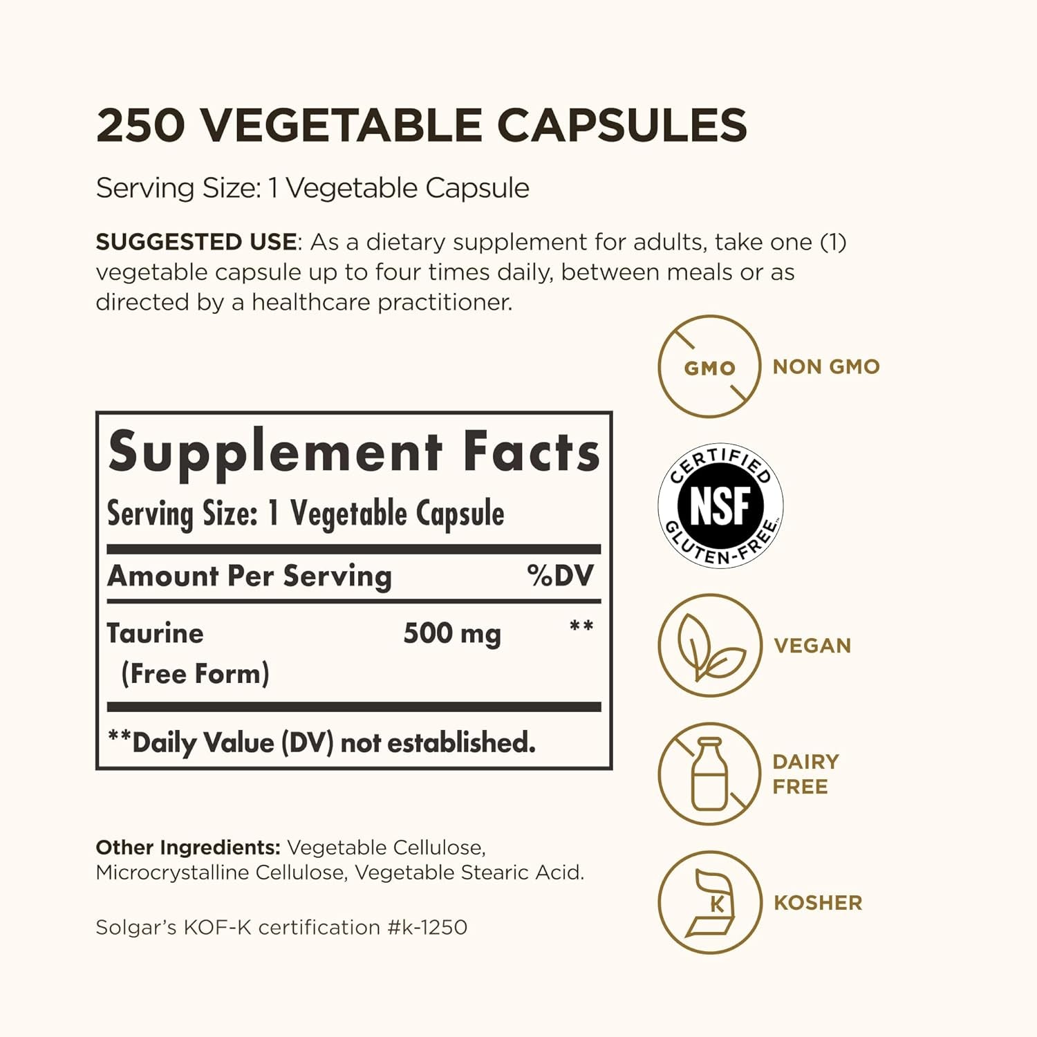 Solgar Taurine 500 Mg, 250 Vegetable Capsules - Antioxidant - Brain Health - Amino Acid - Vegan, Gluten Free, Dairy Free, Kosher - 250 Servings