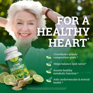 Organic Citrus Bergamot Supplement - Only USDA, Cardiologist Formulated with 200+ Scientific Studies -1000Mg - Patented Extract, Heart, Cholesterol, & Lipid - Italian Bergamot High Polyphenols 60Caps