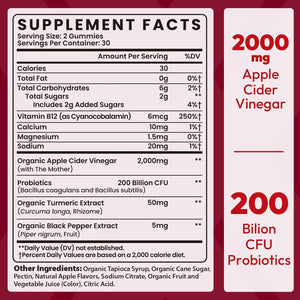 Apple Cider Vinegar Gummies 2000Mg, Keto ACV Gummies with Probiotics, Keto Support & B12, Apple Cider Vinegar with Mother for Digestion, Metabolism, Detox & Cleanse - Vegan, Low Sugar, 60 Counts
