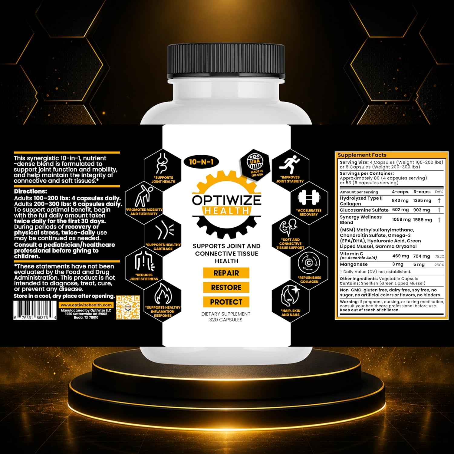 Optiwize 10-N-1 Joint Support Hydrolyzed Collagen,Msm, Hyaluronic Acid, Glucosamine,Chondroitin & More- Targets Joint Discomfort, Improves Mobility & Flexibility 320 Caps for Men & Women Made in USA