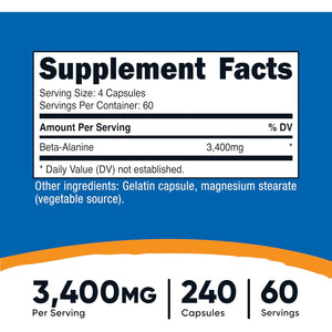 Nutricost Beta-Alanine Capsules 3400Mg, 240 Capsules (60 Serv) - Potent Beta Alanine, Gluten Free & Non-Gmo, 850Mg per Cap