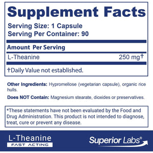 Superior Labs L-Theanine 250 Mg Capsules, Non-Gmo, Promotes Non Drowsy Relaxation & Helps Ease Everyday Stress, Supports Healthy Sleep, Promotes a Focused Mind, High Absorption, 90 Veg Caps