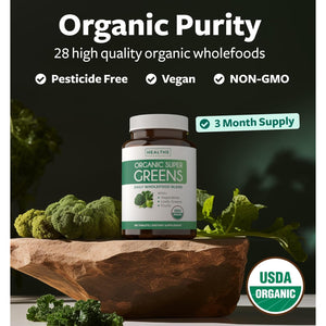 USDA Organic Super Greens Supplement - Organic Greens Fruits and Vegetable Supplement for Adults with 28 Superfood Complex with Superfruits Roots Herbs & More - Vegan & Non-Gmo (Up to 3 Month Supply)