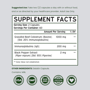 Colostrum Supplement (120 Count) 1000Mg per Serving (Bovine Colostrum Capsules from First Milking Only, Std. to Contain 20% Igg Immunoglobulins) - Grass Fed, No Fillers, Third Party Tested - USA Made