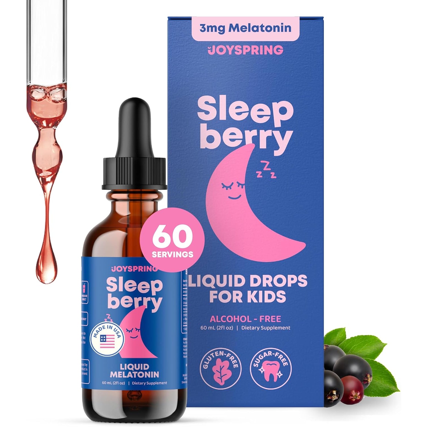 Joyspring Sleepberry Kids Melatonin 3 Mg – Liquid Sleep Aid with L Theanine, High Absorption Berry Drops (2 Fl Oz) 60 Servings, Children'S Melatonin with Vitamin D Kids Travel Essentials