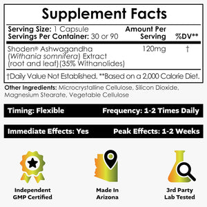 Nootropics Depot Shoden Ashwagandha Extract Capsules | 120Mg | 30 Count | 35% Withanolides