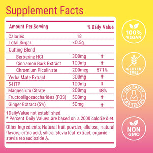 Cutting Drink Mix | Supports Satiety Signaling,Supports Energy & Gut Health with Berberine&Chromium&Fos&Yerba Mate & 5-Htp,Strawberry Açaí – 30 Sticks